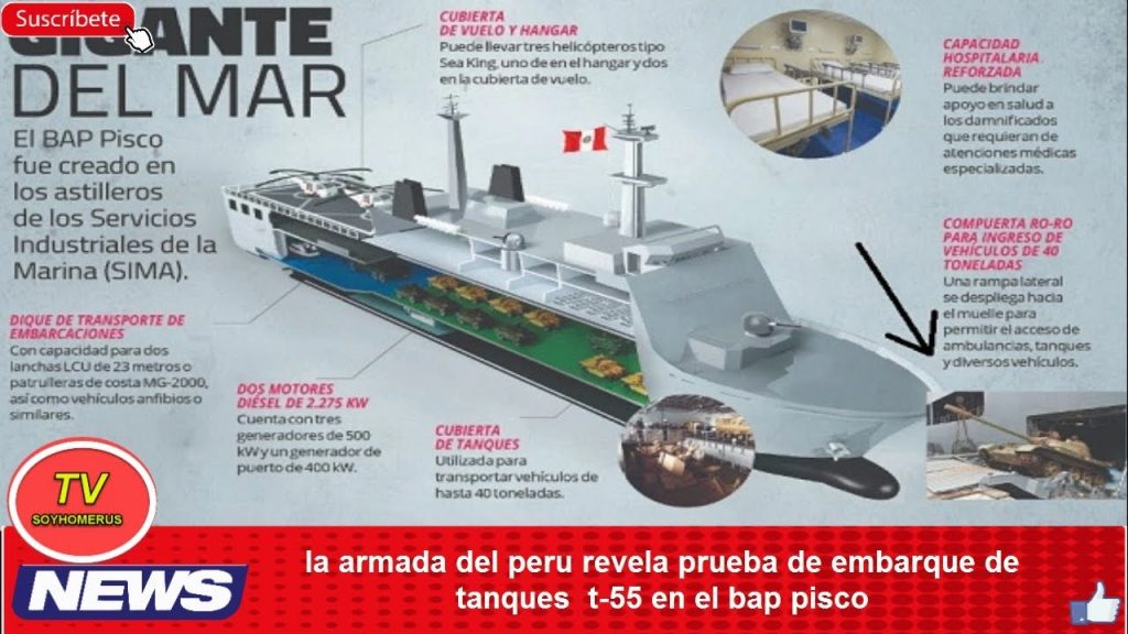 Folheto do BAP Pisco mostra um T-55 saindo do navio